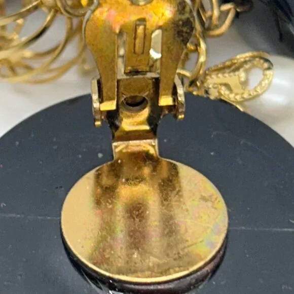 Vintage Gold Black Dangle Earrings Faux Pearl Geometric Retro Runway Chandelier - Picture 12 of 16